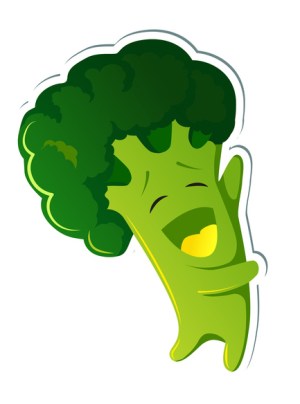 Sticker kawaii broccoli character. Cute broccoli in yellow hoodies.